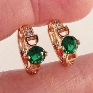 18K Yellow Gold Filled Diamond Zircon Emerald Green Hoop Earrings .46ctw ea.